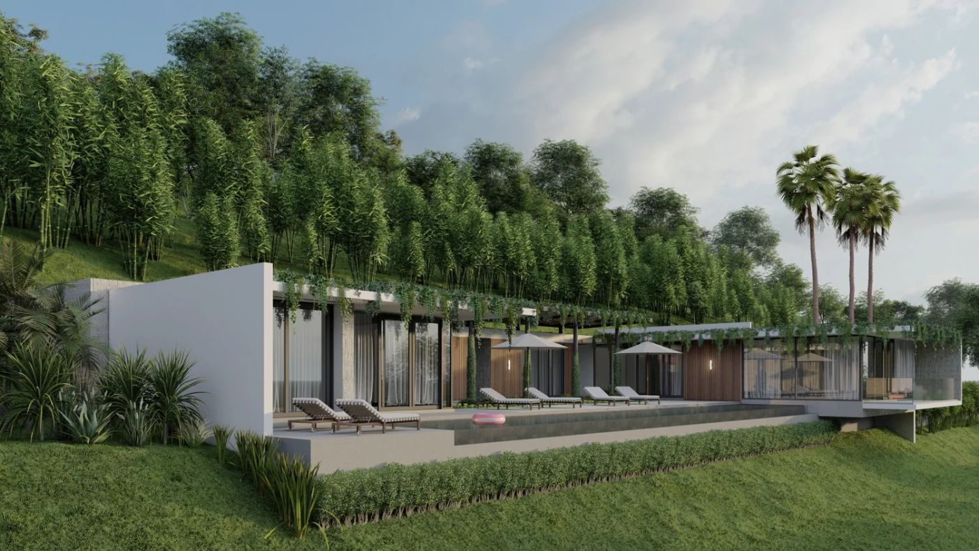 Aguila hillside home with large glass windows and pool