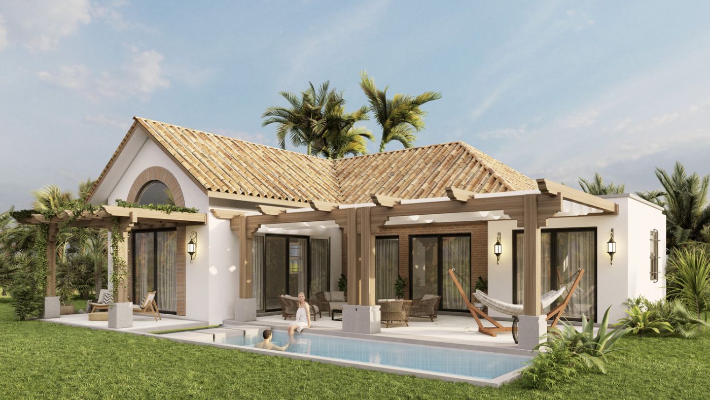 Andalusian home with tile roof, pool, and hammock