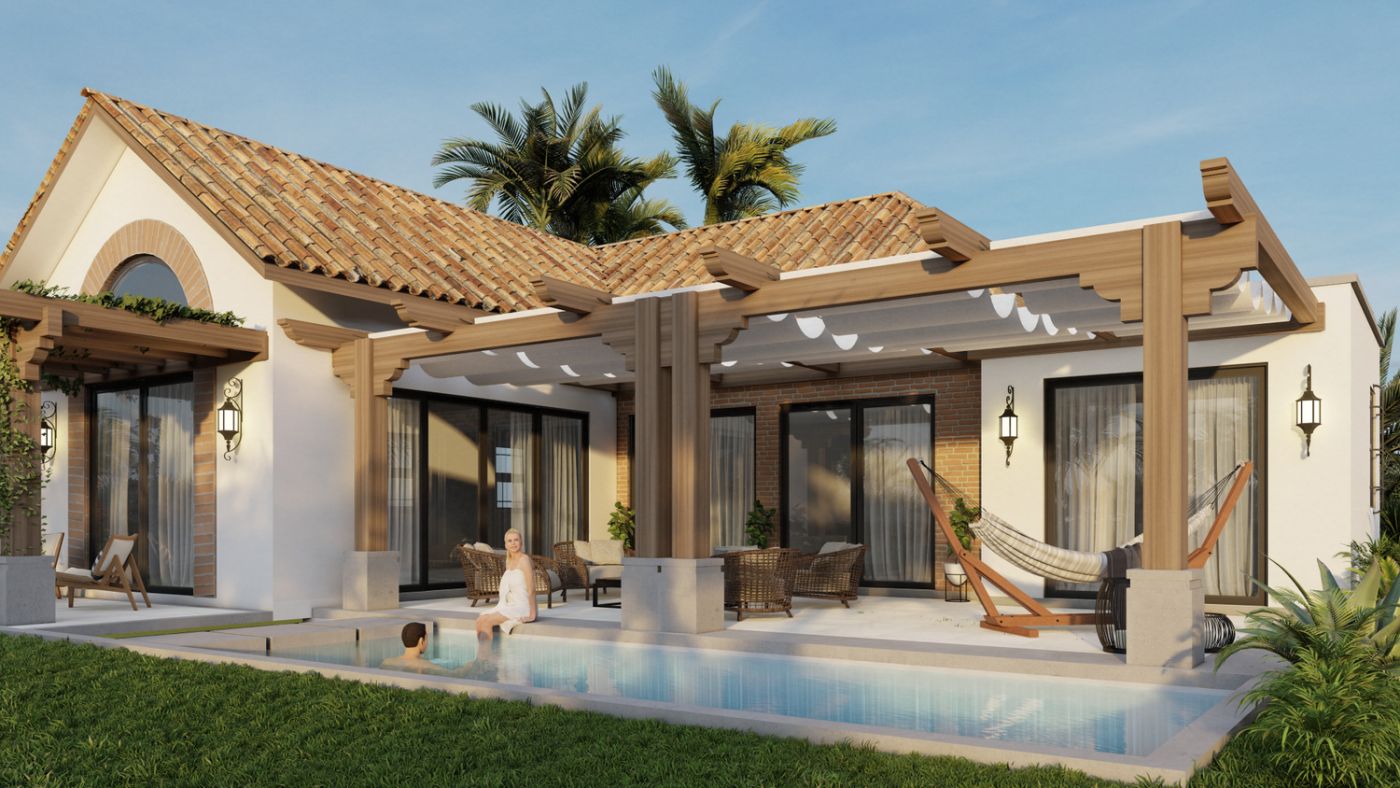 Andalusian pool area with lush landscaping