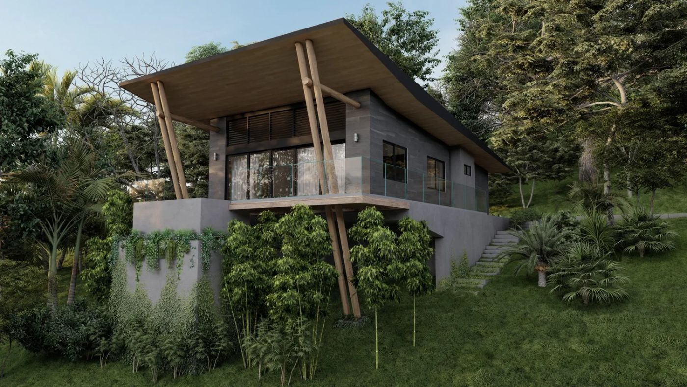 Azulejo home with a large overhanging roof and glass balcony