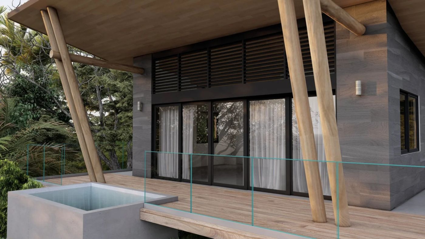 Azulejo wooden deck with angled support beams