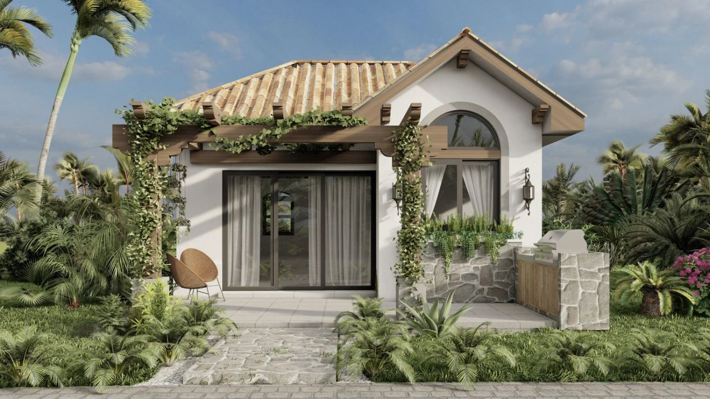 Galician white home with tile roof and sliding glass doors