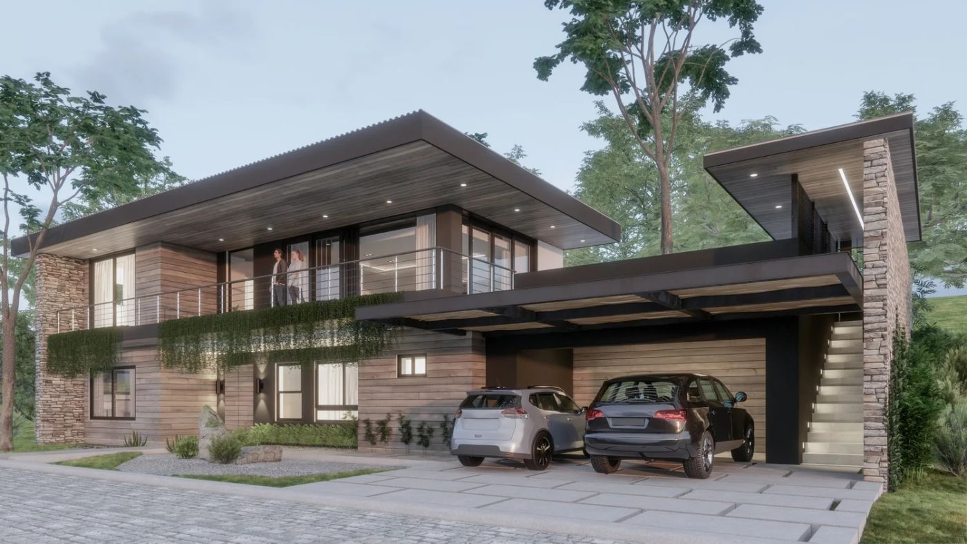 Gavilán two-story home with wood and stone exterior and balcony
