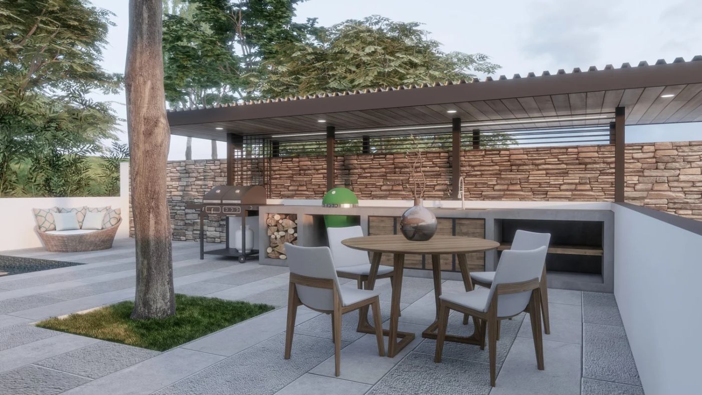 Gavilán covered patio with round table and built-in grill