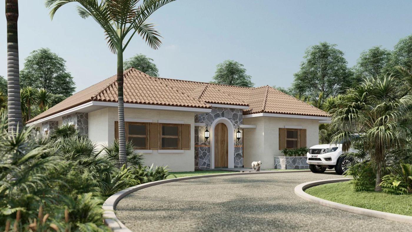 Jacana stone and stucco exterior with shutters