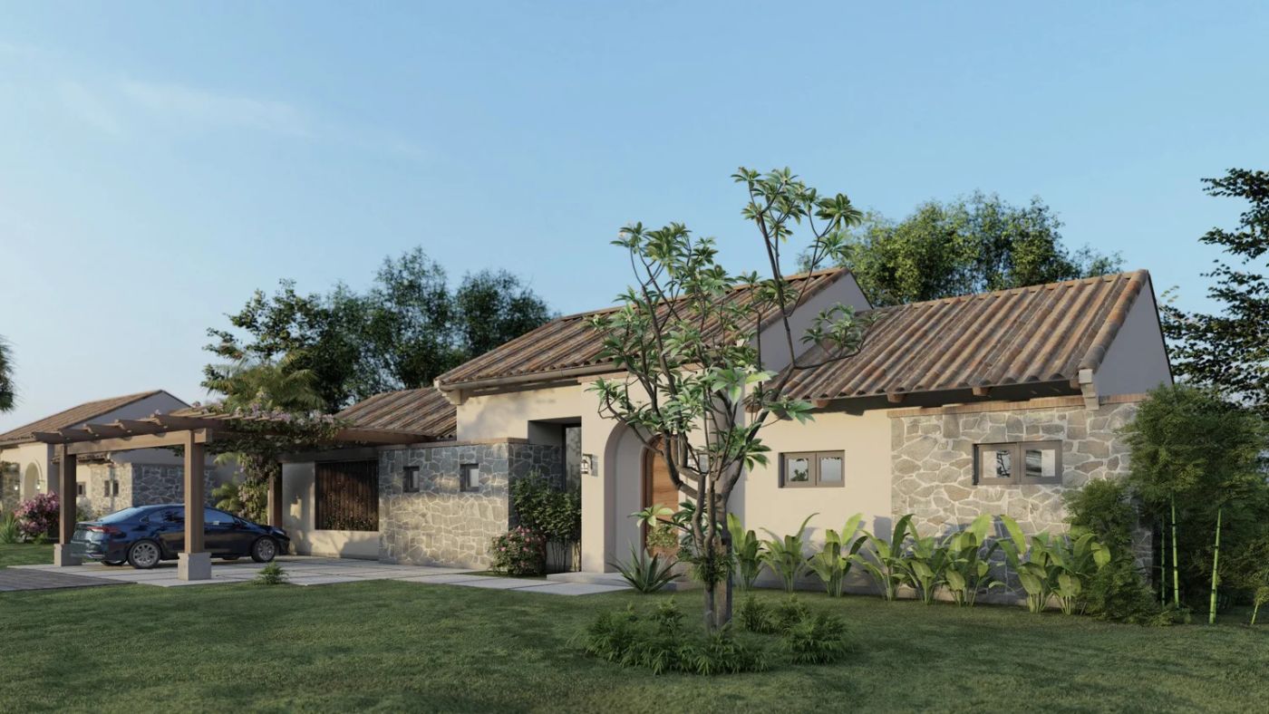 Mirlo stone and stucco exterior with pergola