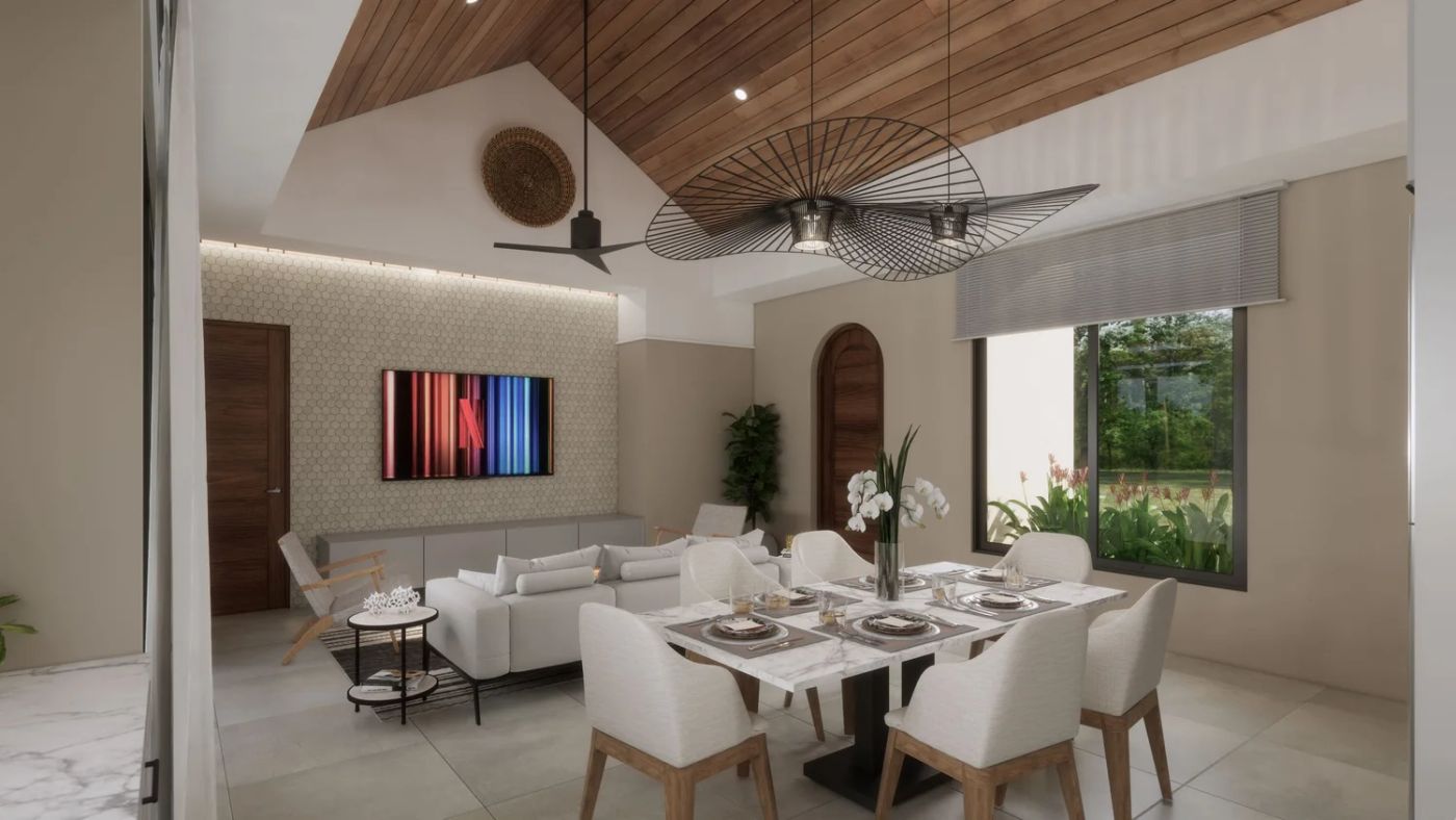 Mirlo open living and dining room with wood ceiling