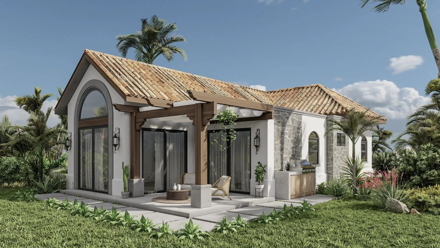 Paso Fino single-story home with stone accents and terracotta roof