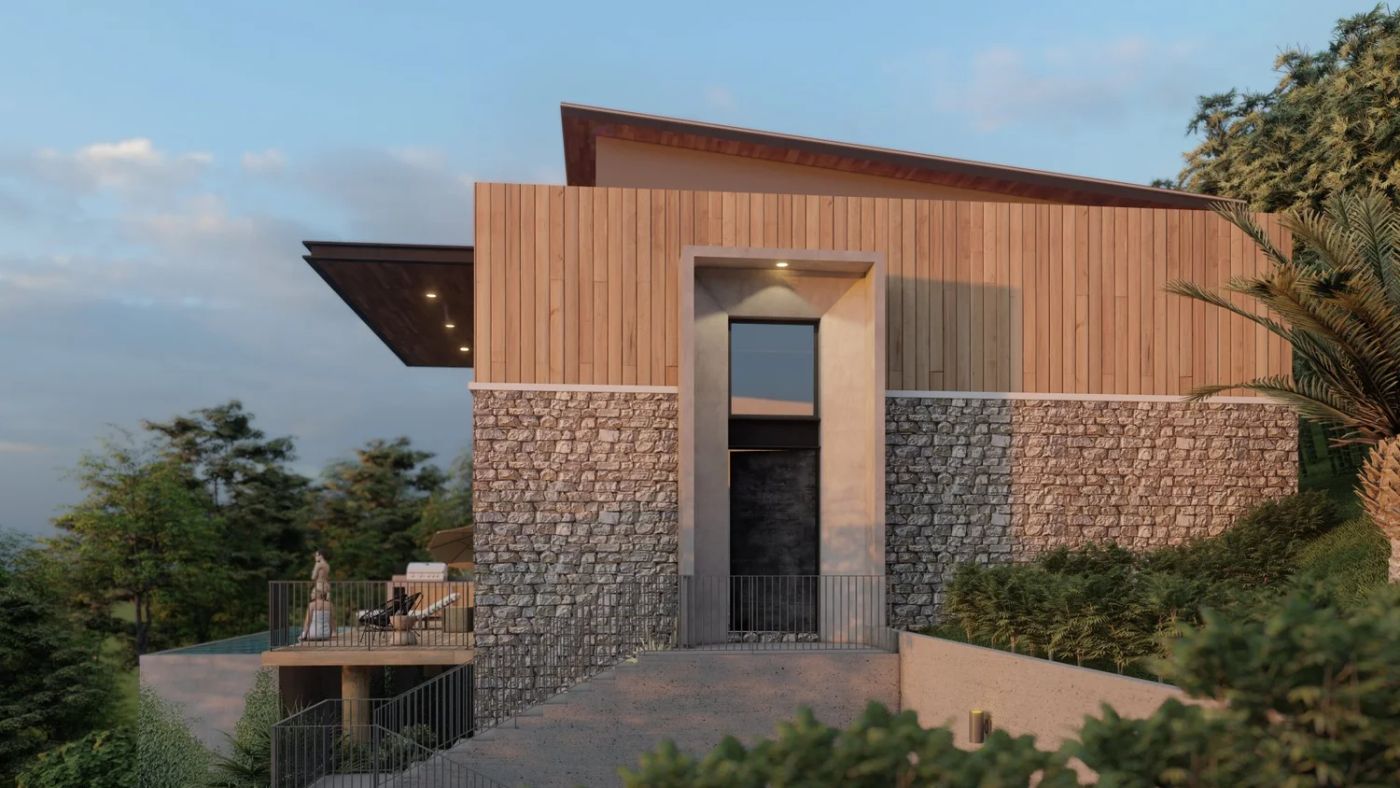 Quetzal stone and wood exterior with sloped roof