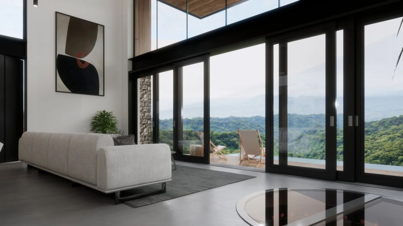 Quetzal living room with sliding glass doors to a balcony