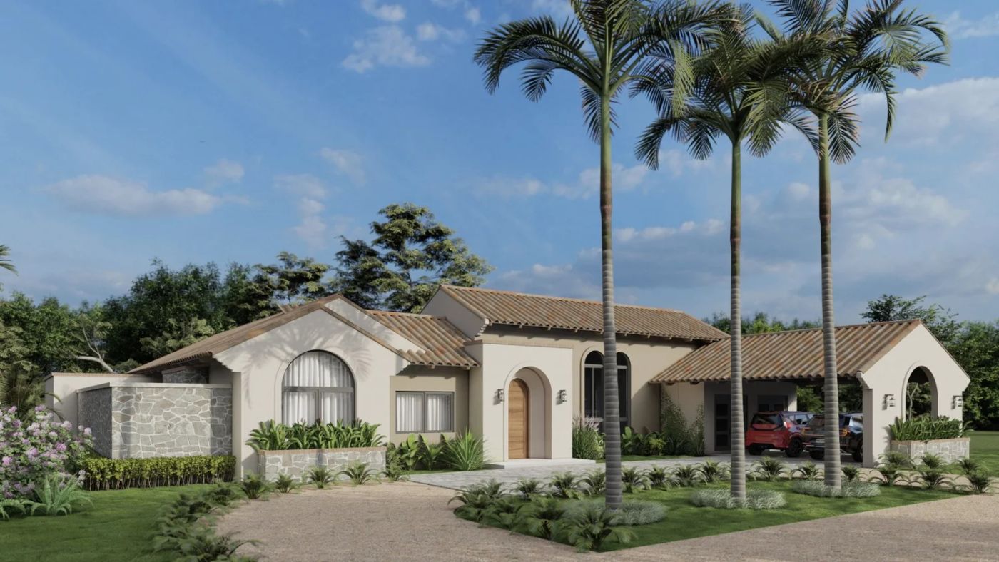 Toucan home with tile roof and arched windows