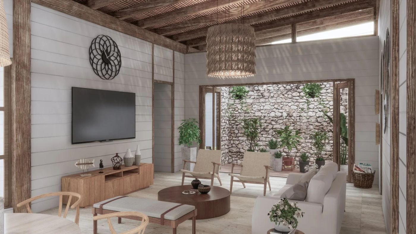 Tula living room with white wooden walls