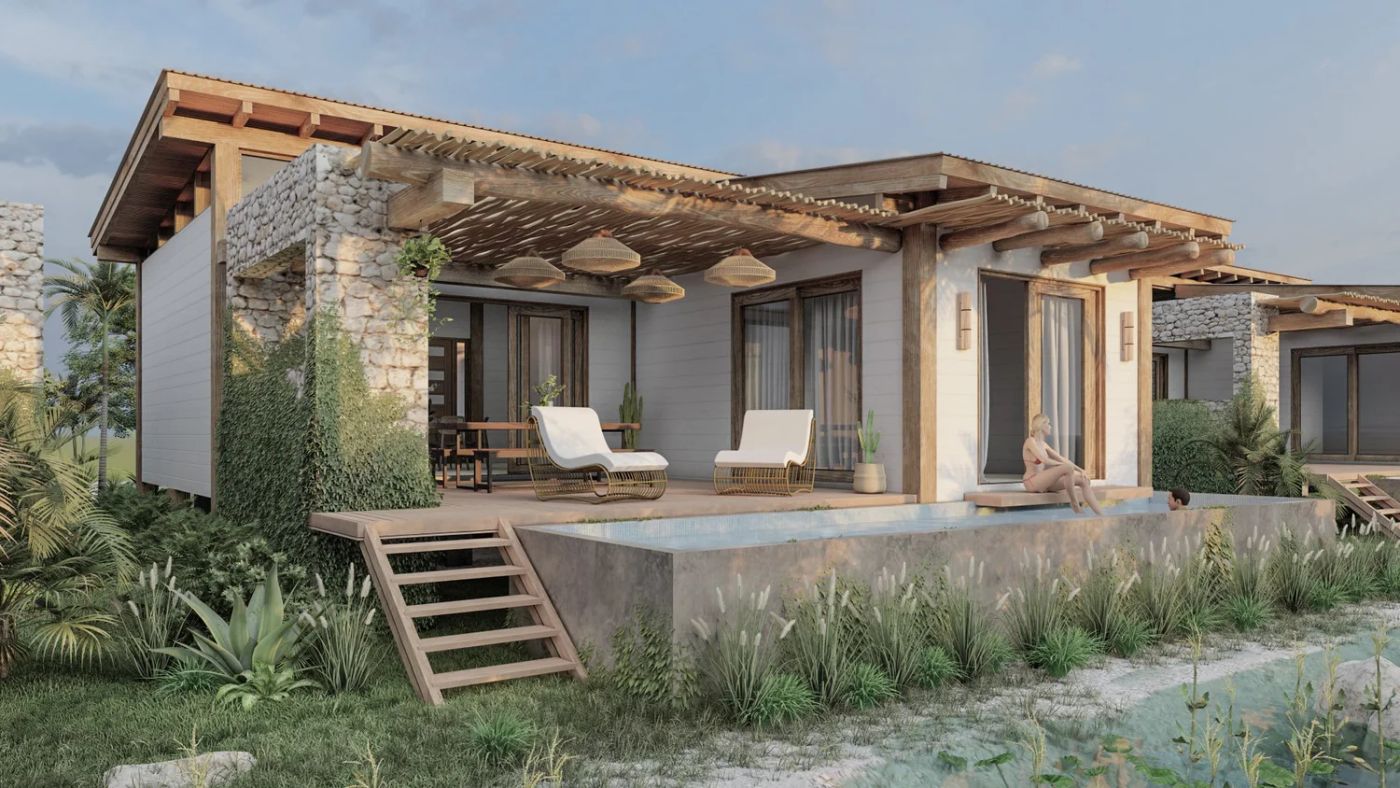 Udara beachfront home with wood and stone exterior and pool