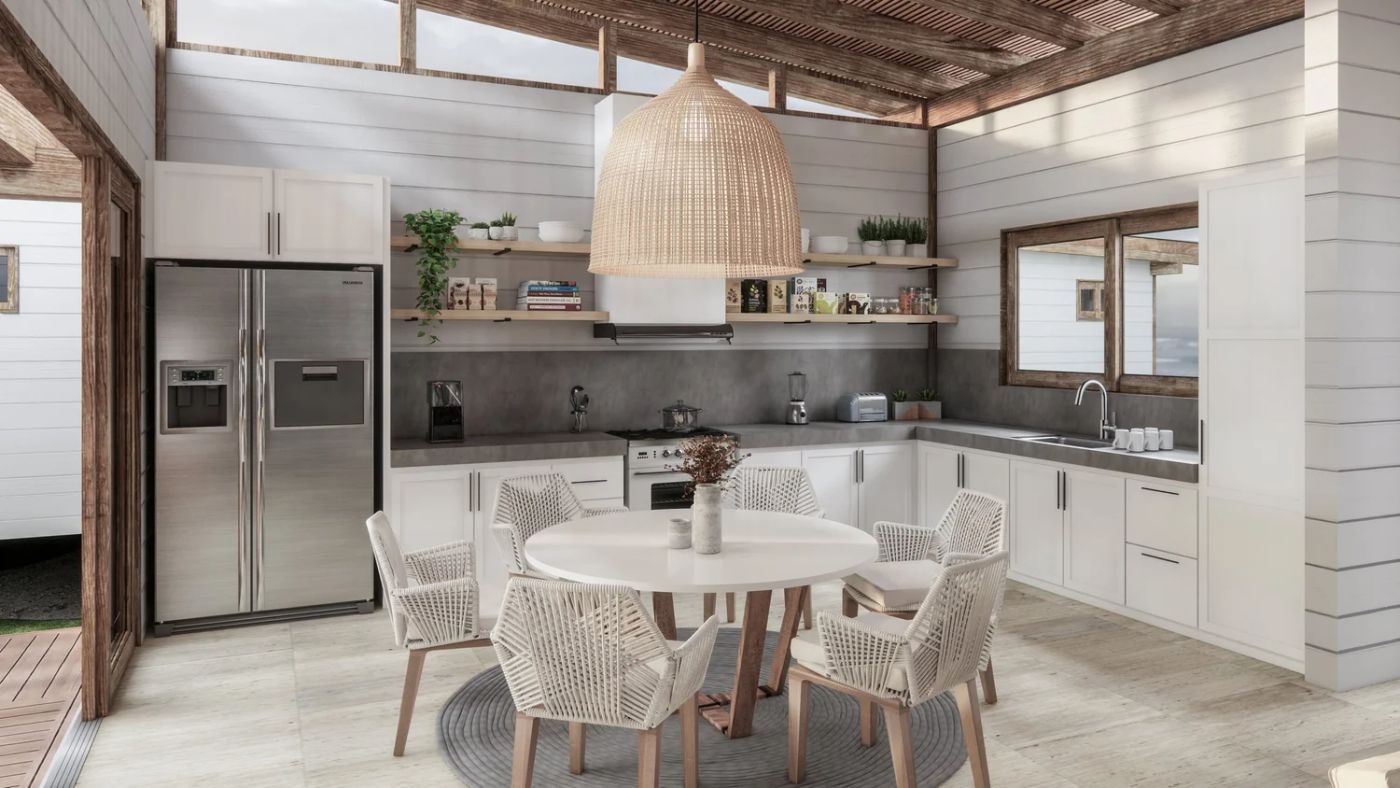 Udara bright white kitchen with round dining table